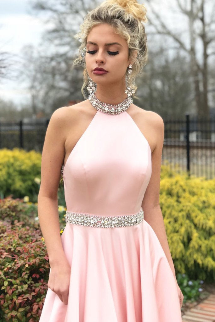 Pink Halter Neck Backless Beading Satin Long Prom Dresses, Backless Pi –  abcprom