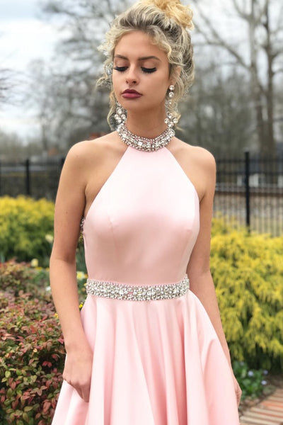 Pink Halter Neck Backless Beading Satin Long Prom Dresses, Backless Pink Formal Graduation Evening Dresses