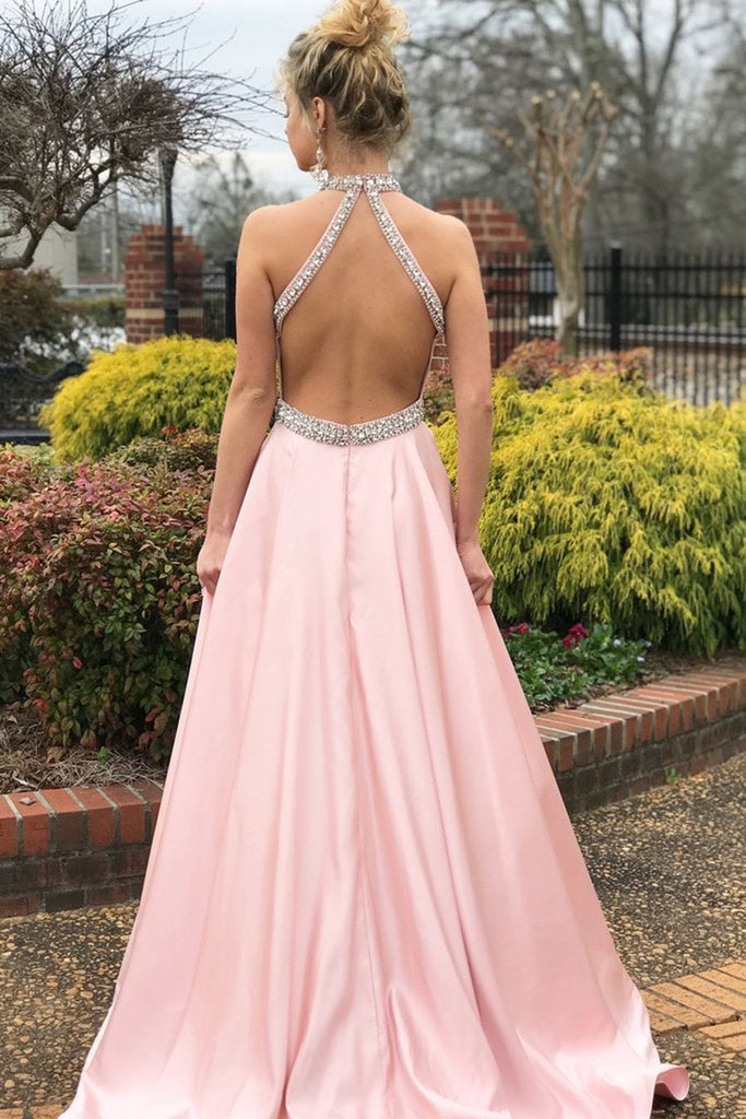Pink Halter Neck Backless Beading Satin Long Prom Dresses Backless Pi abcprom