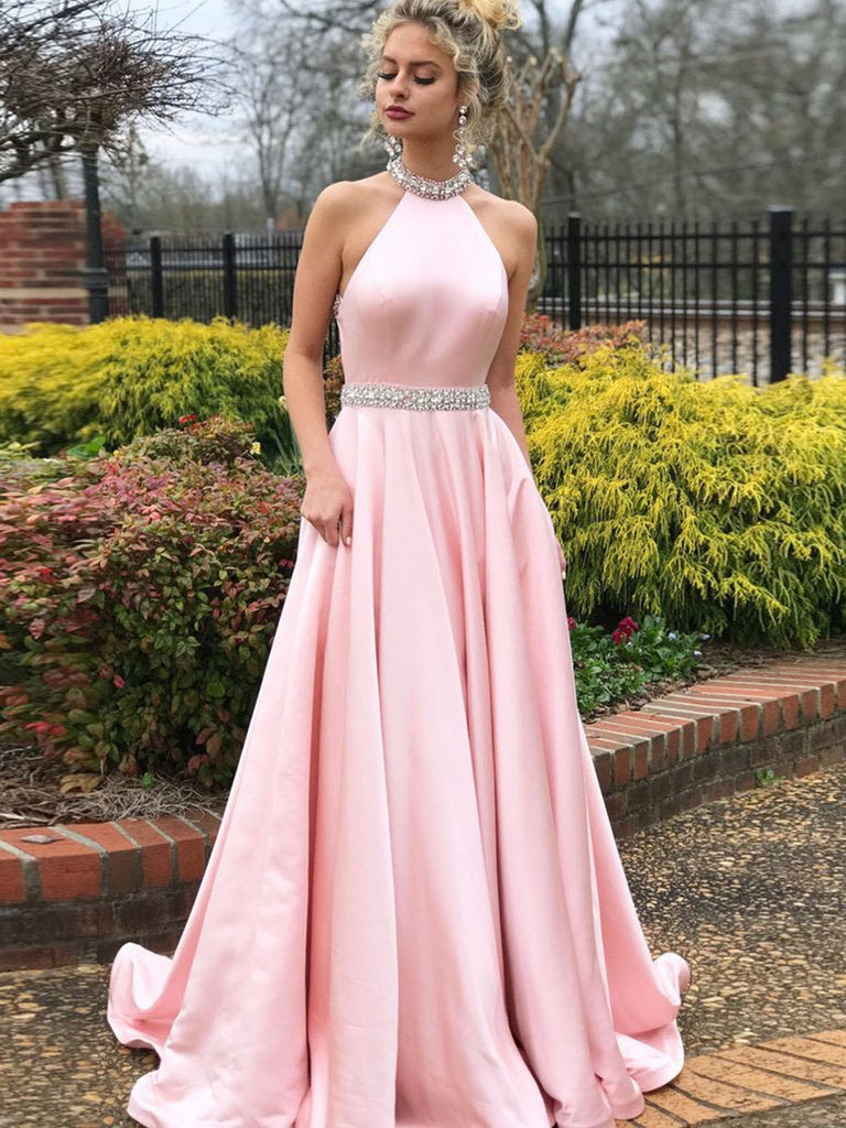 Pink Halter Neck Backless Beading Satin Long Prom Dresses, Backless Pi abcprom Pink Halter Neck Backless Beading Satin Long Prom Dresses, Backless Pi abcprom