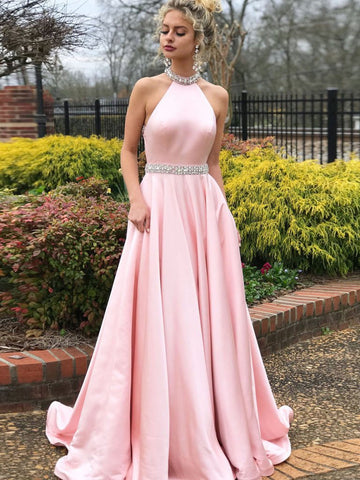 halter neck backless prom dress Long Satin Open Back Prom Dresses Halter Top