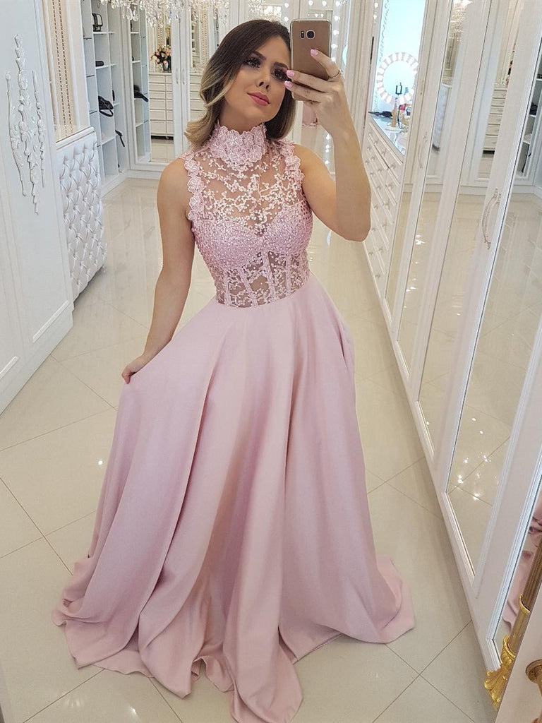 Pink High Neck Lace Beaing Satin Long Prom Dresses 2019 Lace Pink Formal Dresses Elegant Evening Dresses