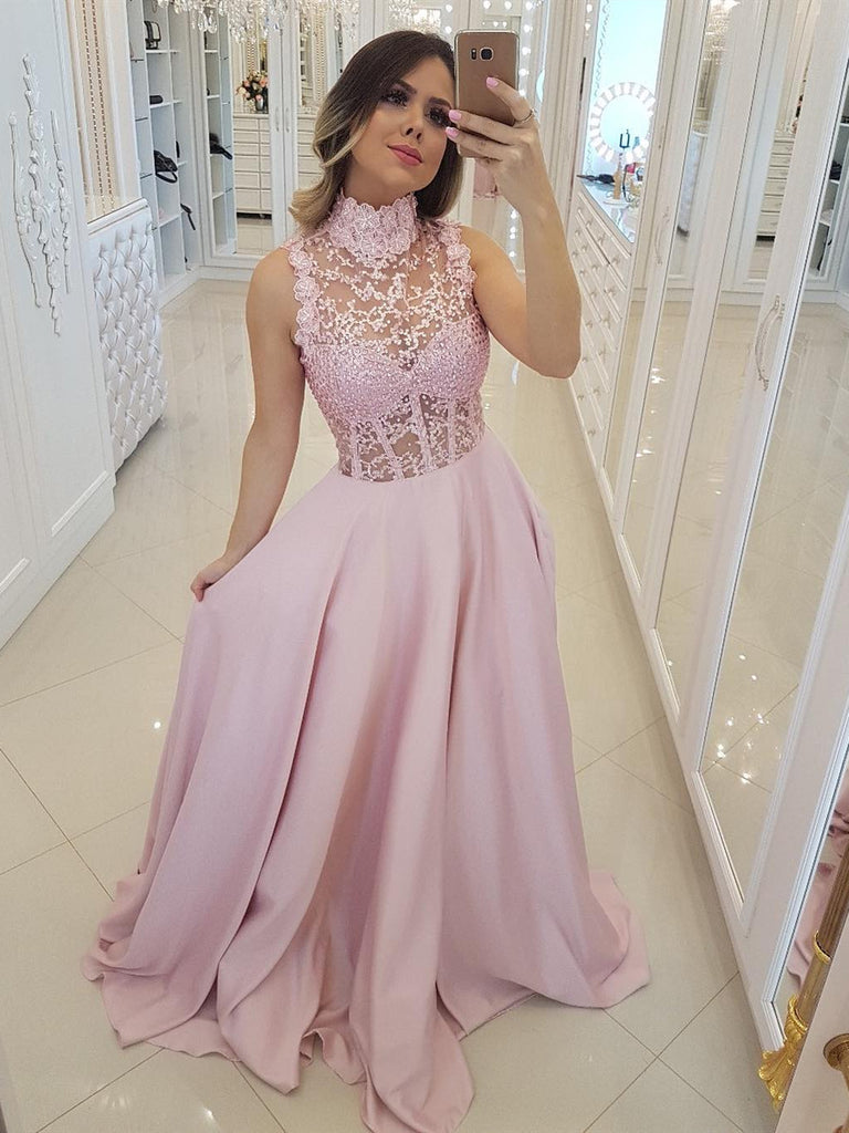 Pink High Neck Lace Beaing Satin Long Prom Dresses 2019, Lace Pink Formal Dresses, Elegant Evening Dresses