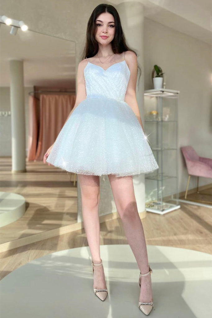 Pretty V Neck White Sequins Short Prom Homecoming Dress, Shiny White Formal Graduation Evening Dress A1672