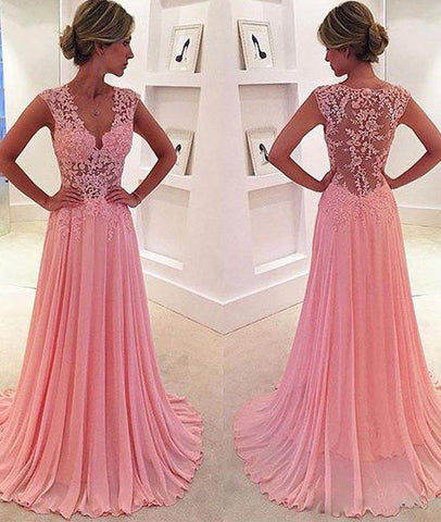 Pretty A-Line Chiffon Pink Lace Prom Dresses, Pink Evening Dresses
