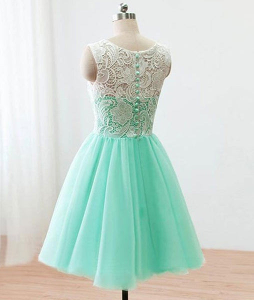 Pretty Round-Neck Lace Tulle Short Green Prom Dresses, Lace Homecoming Dresses