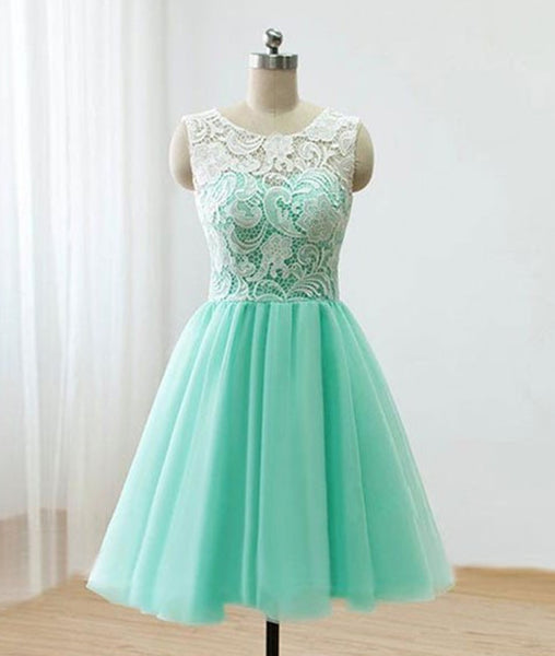 Pretty Round-Neck Lace Tulle Short Green Prom Dresses, Lace Homecoming Dresses