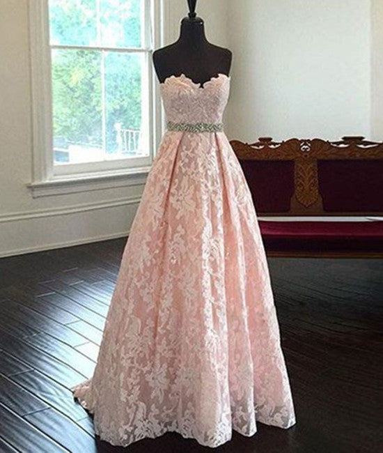 Pretty Sweetheart Neck Pink Lace Prom Dresses, Pink Evening Dresses