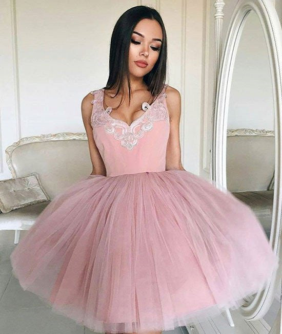 Pretty V-Neck Pink Tulle Short Prom Dresses, Pink Homecoming Dresses