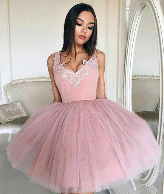 Pretty V-Neck Pink Tulle Short Prom Dresses, Pink Homecoming Dresses abcprom Pretty V-Neck Pink Tulle Short Prom Dresses, Pink Homecoming Dresses abcprom