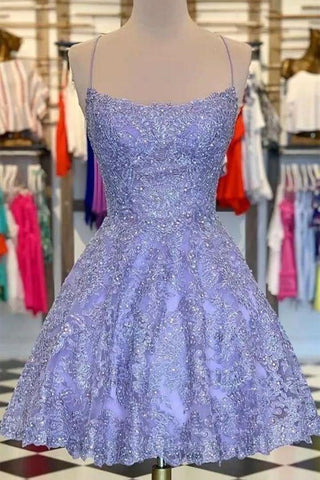 Princess Beaded Purple Lace Prom Dress, Short Purple Lace Homecoming Dress, Purple Formal Evening Dress A1651