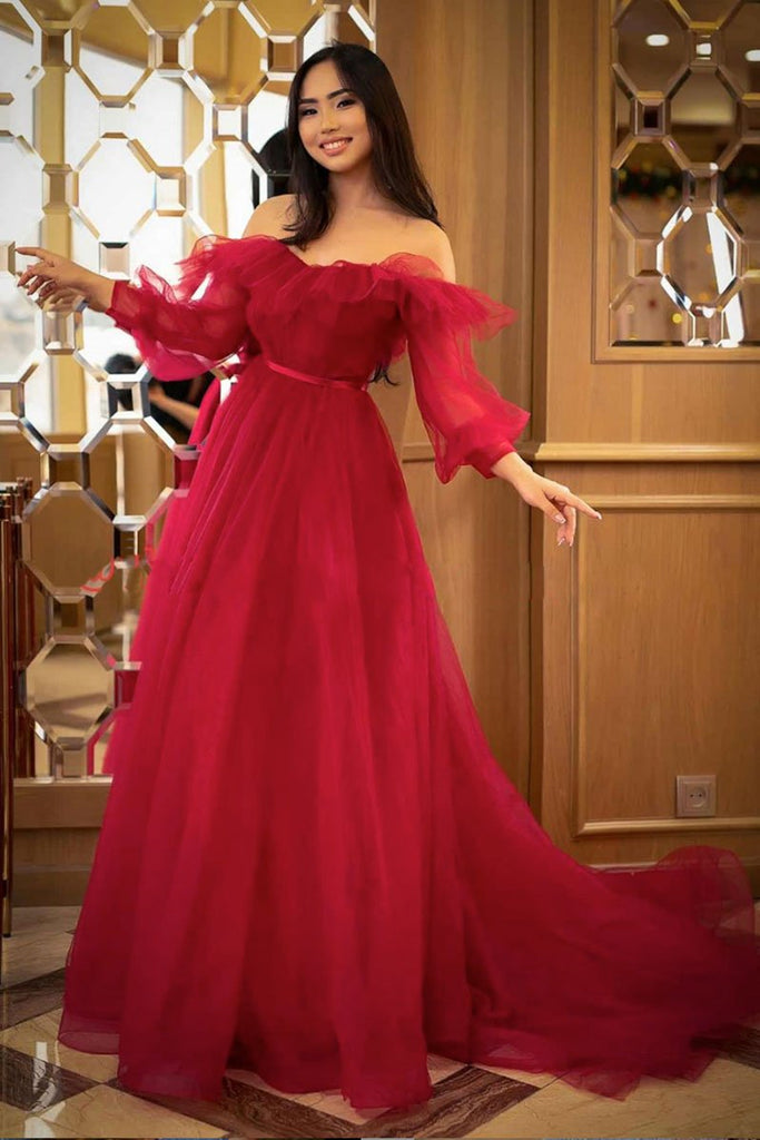 Princess Off Shoulder Long Sleeves Red Long Prom Dress, Off the Should abcprom Princess Off Shoulder Long Sleeves Red Long Prom Dress, Off the Should abcprom