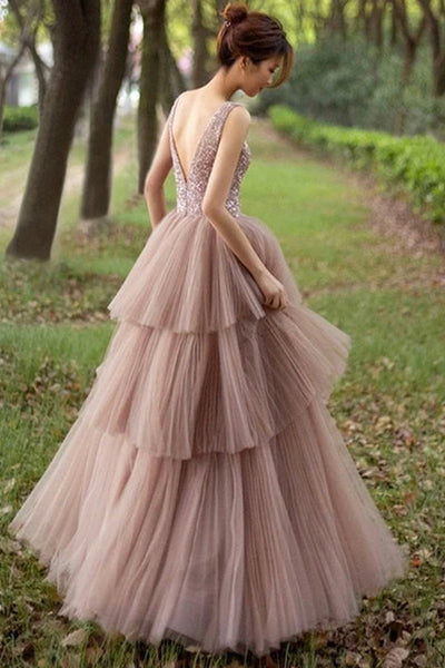 Princess V Neck Beaded Layered Tulle Long Prom Dress, V Neck Tulle Long Formal Evening Dress with Beads A1586