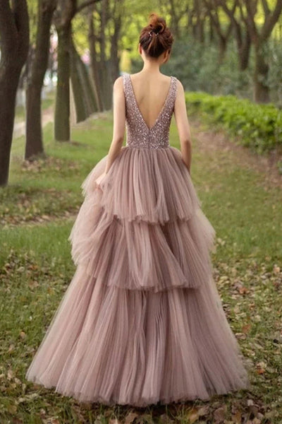 Princess V Neck Beaded Layered Tulle Long Prom Dress, V Neck Tulle Long Formal Evening Dress with Beads A1586