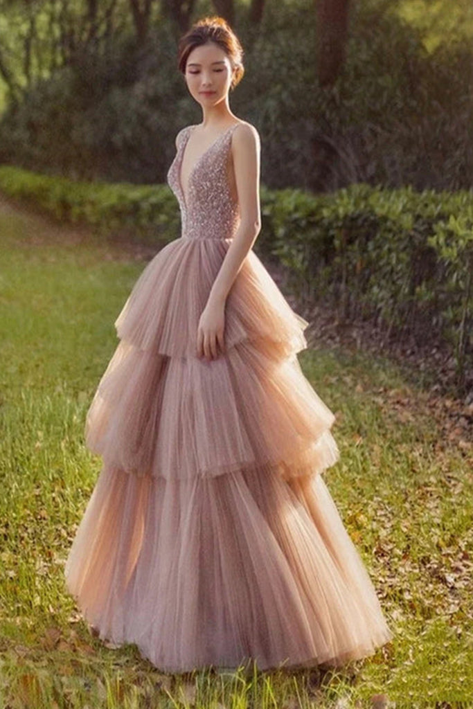 Pink Round Neck Tulle Beads Long Prom Dress Formal Dress – shopluu