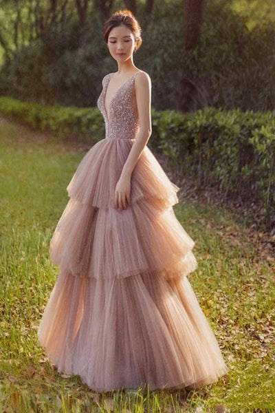 Princess V Neck Beaded Layered Tulle Long Prom Dress, V Neck Tulle Long Formal Evening Dress with Beads A1586