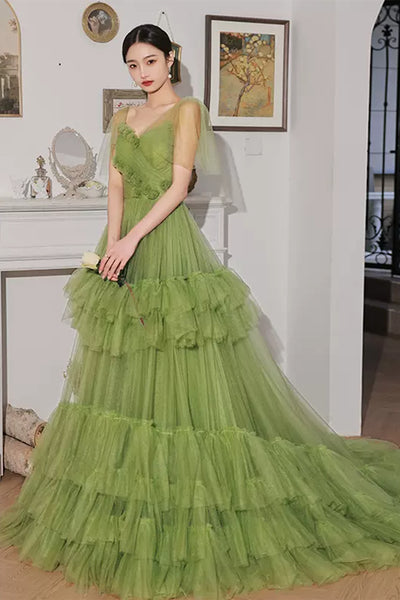 Princess V Neck Green Tulle Long Prom Dress with 3D Flowers, Long Green Formal Evening Dress with Train A1829