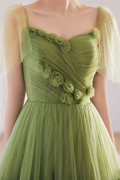 Princess V Neck Green Tulle Long Prom Dress with 3D Flowers, Long Green Formal Evening Dress with Train A1829