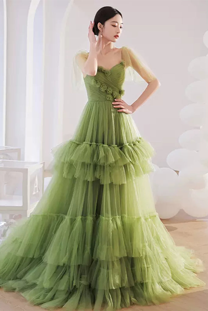 Princess V Neck Green Tulle Long Prom Dress with 3D Flowers, Long Gree abcprom Princess V Neck Green Tulle Long Prom Dress with 3D Flowers, Long Gree abcprom