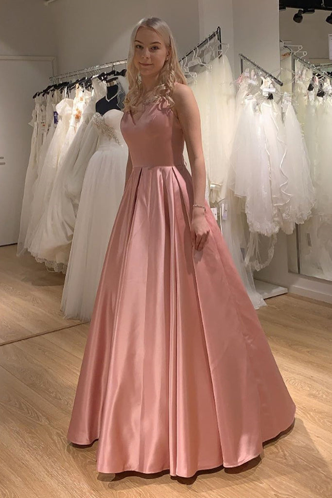Princess V Neck Pink Satin Long Prom Dress, V Neck Pink Formal Graduation Evening Dress