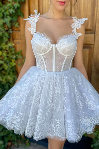 Princess White Lace Short Prom Homecoming Dress, White Lace Formal Graduation Evening Dress A1667