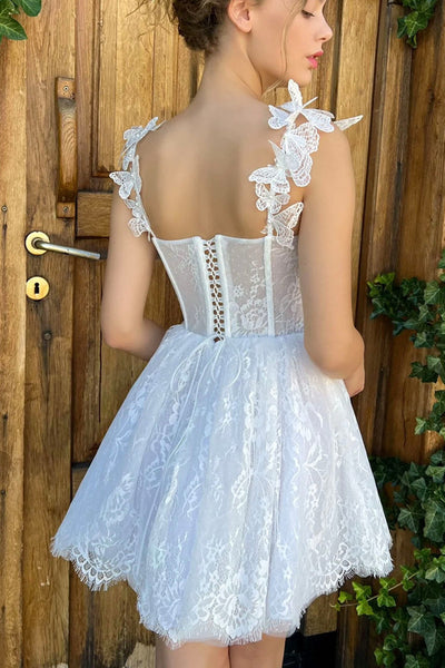 Princess White Lace Short Prom Homecoming Dress, White Lace Formal Graduation Evening Dress A1667