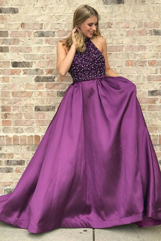 Purple Beaded Long Prom Dress, Beaded Purple Satin Long Formal Graduation Evening Dress A1406
