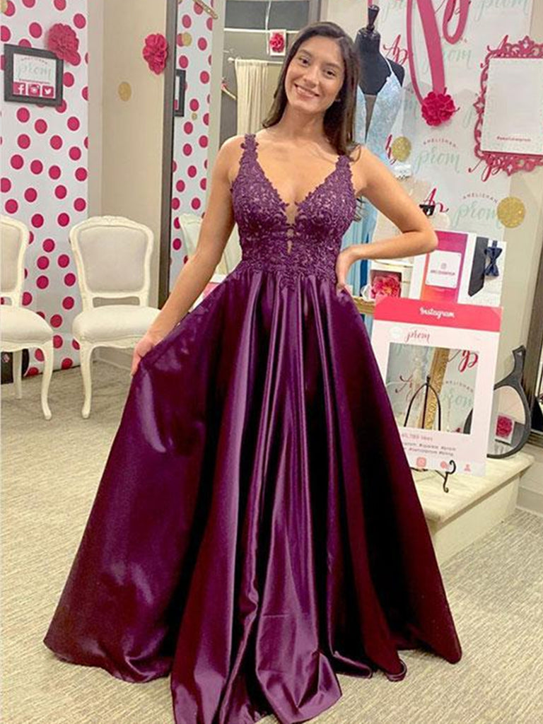 Purple A Line V Neck Lace Satin Long Prom Dresses, Lace Purple Formal abcprom Purple A Line V Neck Lace Satin Long Prom Dresses, Lace Purple Formal abcprom