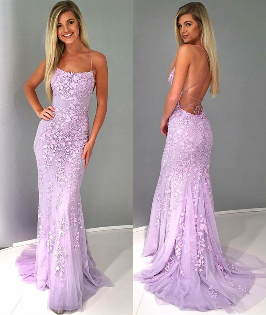 Purple Mermaid Spaghetti Straps Backless Lace Appliques Prom Dresses, Purple Lace Formal Dresses, Lace Backless Evening Dresses