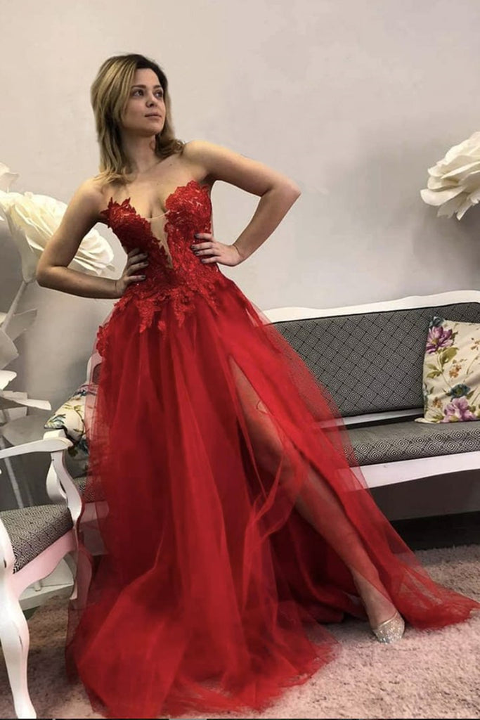 Red Lace Floral Long Prom Dress with Slit, Red Lace Formal Dress, Red Evening Dress