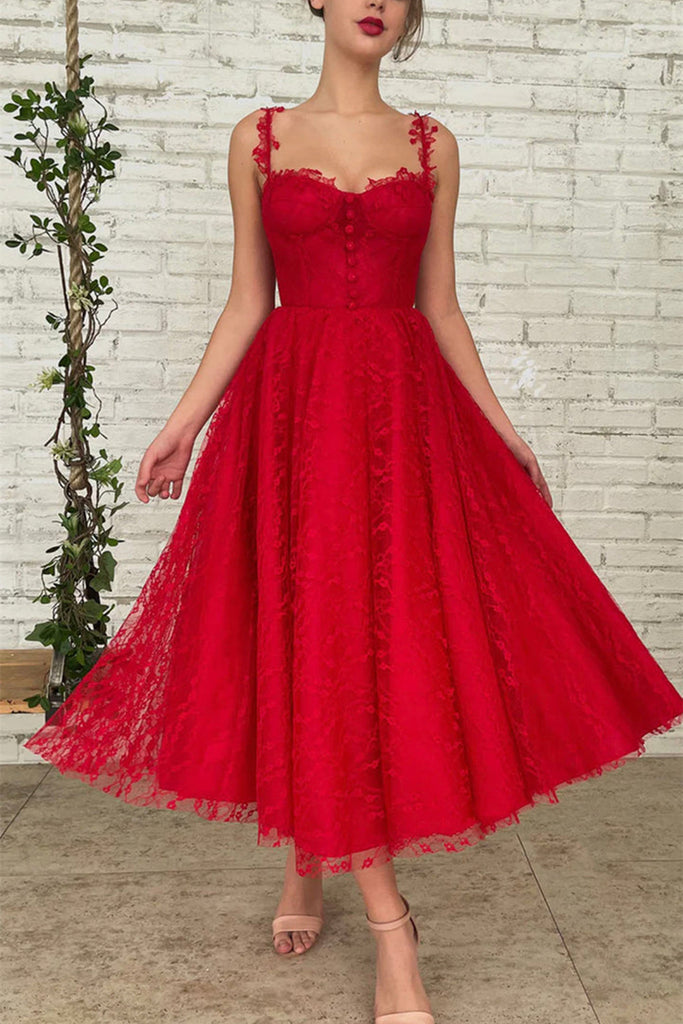 Red Lace Tea Length Prom Dress, Red Lace Homecoming Dress, Short Red F abcprom Red Lace Tea Length Prom Dress, Red Lace Homecoming Dress, Short Red F abcprom