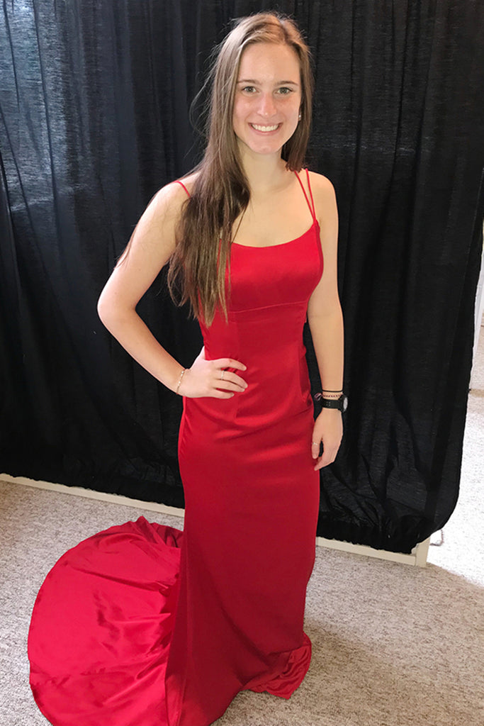 Red Mermaid Backless Satin Long Prom Dresses with Train, Mermaid Red Formal Dresses, Evening Dresses 2019