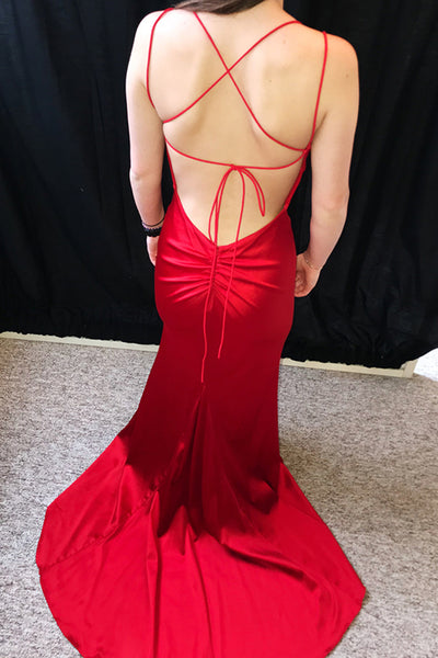 Red Mermaid Backless Satin Long Prom Dresses with Train, Mermaid Red Formal Dresses, Evening Dresses 2019