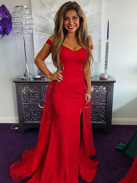 Red Off Shoulder Mermaid Lace Long Prom Dresses with Slit, Off Shoulder Lace Red Formal Graduation Evening Dresses