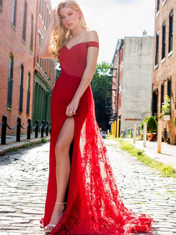 Red Off Shoulder Mermaid Lace Long Prom Dresses with Slit, Off Shoulder Lace Red Formal Graduation Evening Dresses