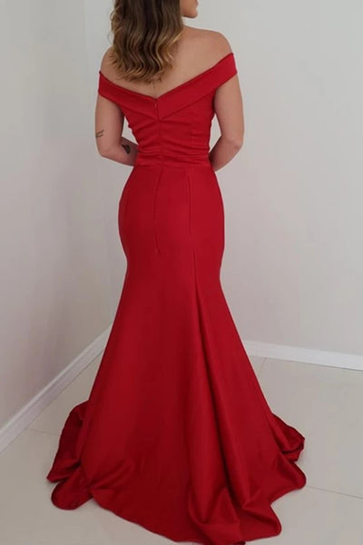 Red Off Shoulder Mermaid Satin Long Prom Dress with Side Slit, Off Shoulder Mermaid Red Formal Dress, Mermaid Red Evening Dress