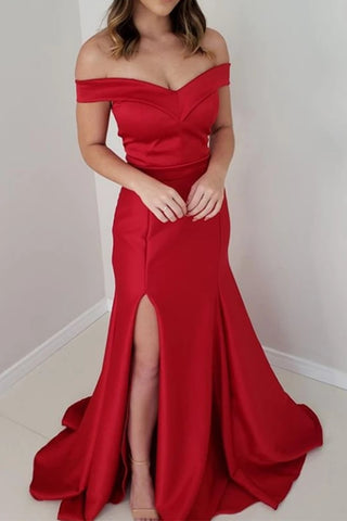 Red Off Shoulder Mermaid Satin Long Prom Dress with Side Slit, Off Shoulder Mermaid Red Formal Dress, Mermaid Red Evening Dress