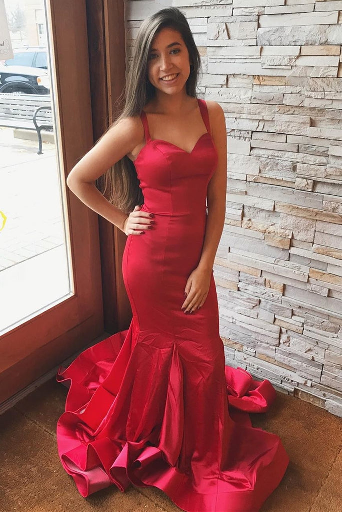 Red Satin Long Mermaid Prom Dress, Mermaid Red Formal Dress, Red Evening Dress