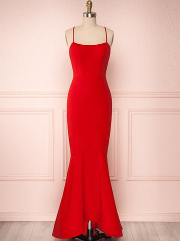 Red Thin Straps Mermaid Backless Long Prom Dresses, Red Mermaid Formal Dresses, Red Evening Dresses