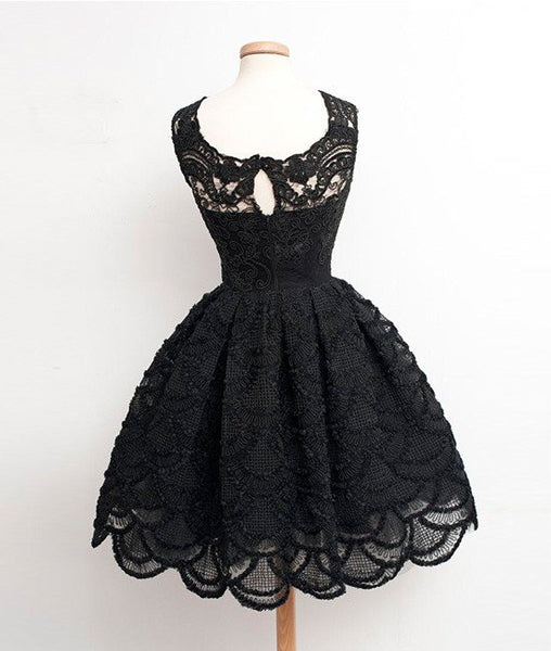 Retro A-line Black Lace Sleeveless Open Back Short Prom Dresses, Homecoming Dresses