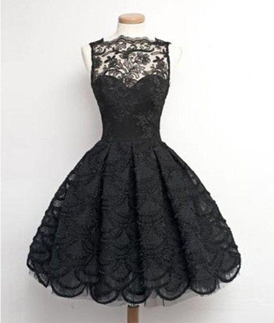 Retro A-line Black Lace Sleeveless Open Back Short Prom Dresses, Homec abcprom Retro A-line Black Lace Sleeveless Open Back Short Prom Dresses, Homec abcprom