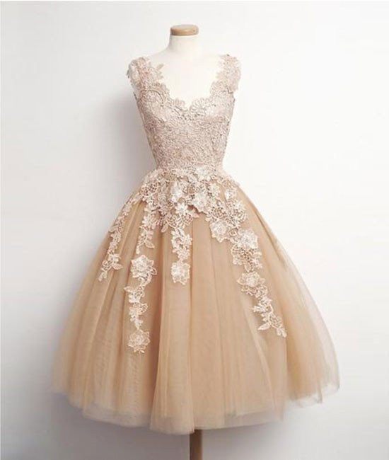 Retro Champagne V-neck Applique Short Prom Dress, Evening Dresses, Party Dresses