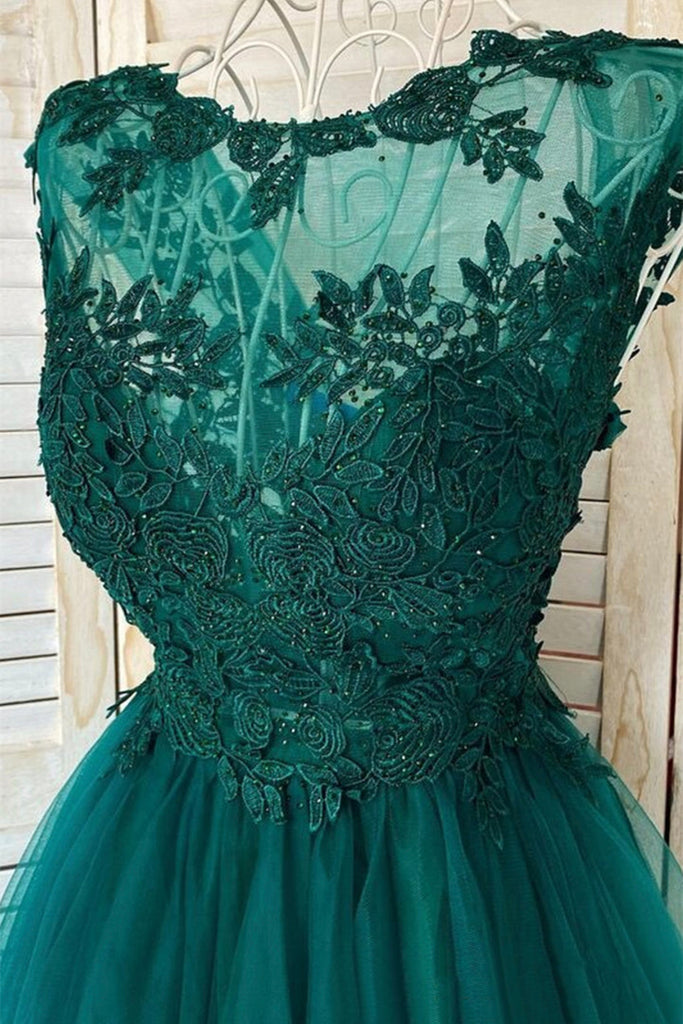 Round Neck Beaded Green Lace Short Prom Homecoming Dress, Short Green   abcprom