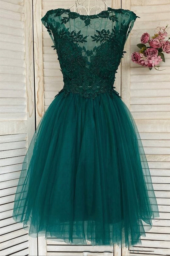 Round Neck Beaded Green Lace Short Prom Homecoming Dress, Short Green abcprom Round Neck Beaded Green Lace Short Prom Homecoming Dress, Short Green abcprom