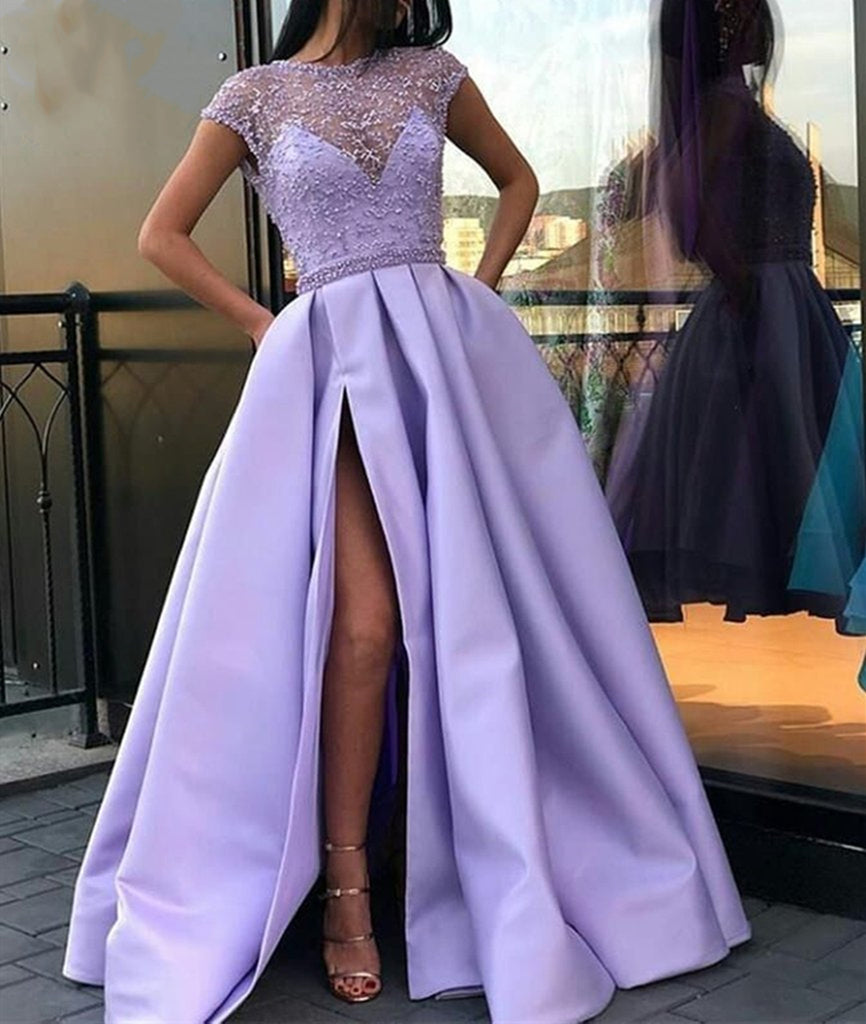 Round Neck Cap Sleeve Beading Lilac Long Prom Dress with High Slit, Purple Long Evening Dress, Formal Dress