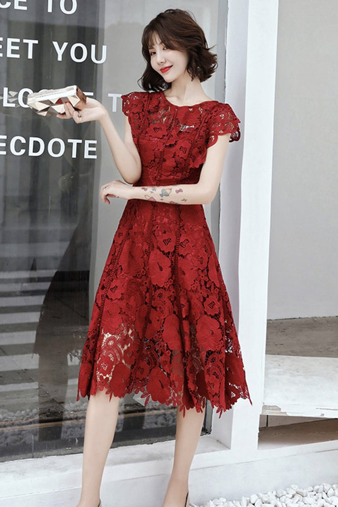 Round Neck Cap Sleeves Knee Length Floral Burgundy Lace Prom Dress, Bu abcprom Round Neck Cap Sleeves Knee Length Floral Burgundy Lace Prom Dress, Bu abcprom