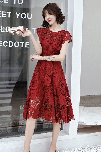 Round Neck Cap Sleeves Knee Length Floral Burgundy Lace Prom Dress, Burgundy Lace Formal Graduation Homecoming Dress