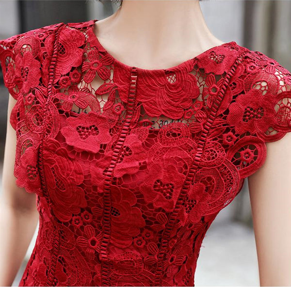 Round Neck Cap Sleeves Knee Length Floral Burgundy Lace Prom Dress, Burgundy Lace Formal Graduation Homecoming Dress