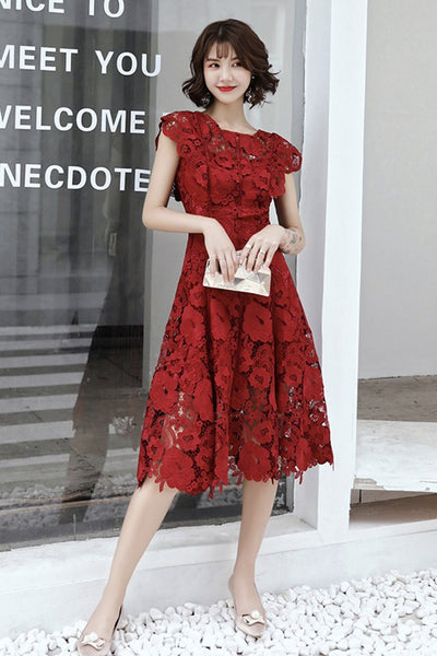 Round Neck Cap Sleeves Knee Length Floral Burgundy Lace Prom Dress, Burgundy Lace Formal Graduation Homecoming Dress