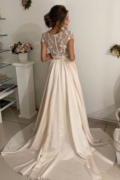 Round Neck Cap Sleeves Light Champagne Lace Long Prom Dress, Champagne Lace Long Formal Evening Dress